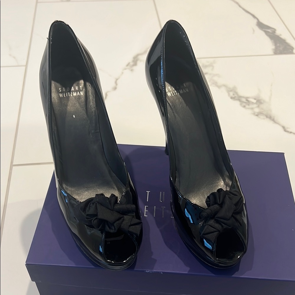 Stuart Weitzman Black Peep-Toe Heels